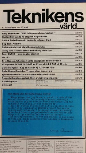 Teknikens Värld 9 1973: DAF 66, Rolls-Royce Corniche, Renault 12 TS, Audi 60 -69