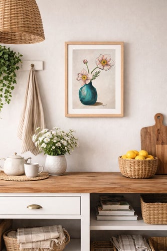 Original teckning A4 – Anemoner i blå vas – handritad blomillustration