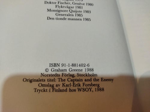 Kaptenen och fienden av Graham Greene. Bok. Very Fine plus
