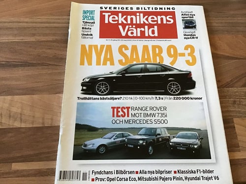 TEKNIKENS VÄRLD NR 11 2002 NYA SAAB 9-3,RANGE ROVER,BMW 735i,MERCEDES S500,PAJER