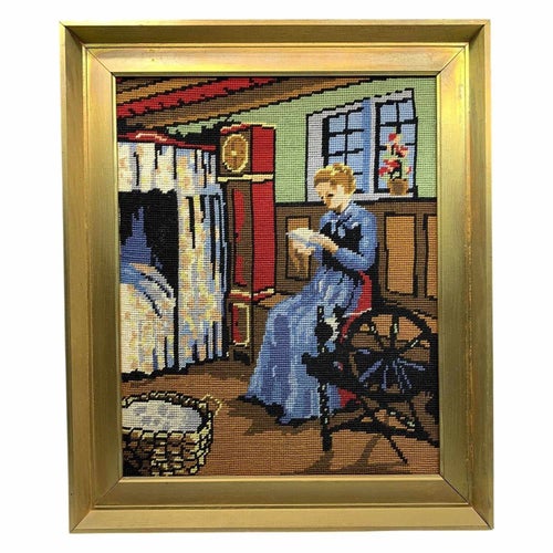 Broderad Tavla Kvinna Spinner Inramad Retro Heminredning Färggrann