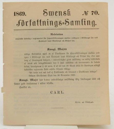 Svensk författnings-samling. No 70, utg. 18/1 1870. Resolution angående ändring