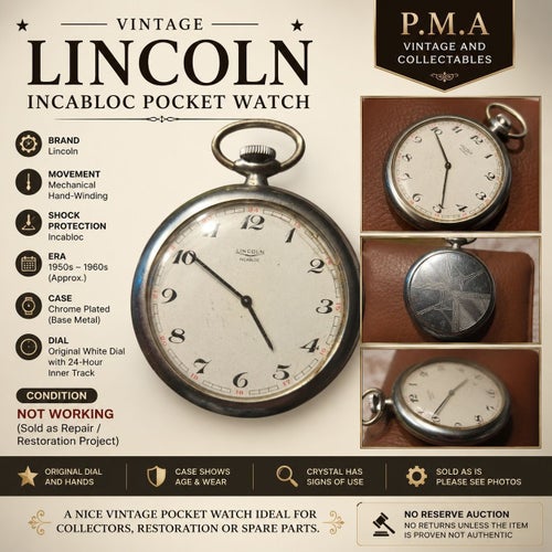 Vintage Lincoln Incabloc Fickur - Krompläterad, Mekanisk Handuppdragning