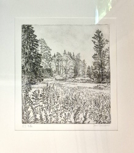 JAN PERSSON. Etsning (8/80), Naturmotiv, signerade. Mycket fin inramad.