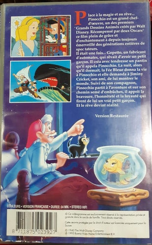Walt Disney PINOCCHIO FRANSK VERSION VHS PAL tecknad barn film Fransk