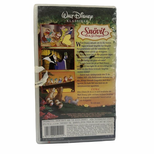Walt Disney Snövit VHS Klassiker Svenskt Tal Barnfilm Tecknad Retro Film