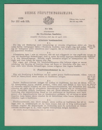 SFS 1920 Nr 222-223 Börsordning för Stockholms fondbörs