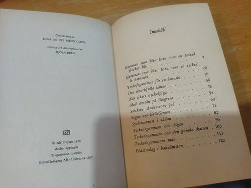 Mera om Gumman som blev liten som en tesked av Alf Pröysen, bok, very fine plus