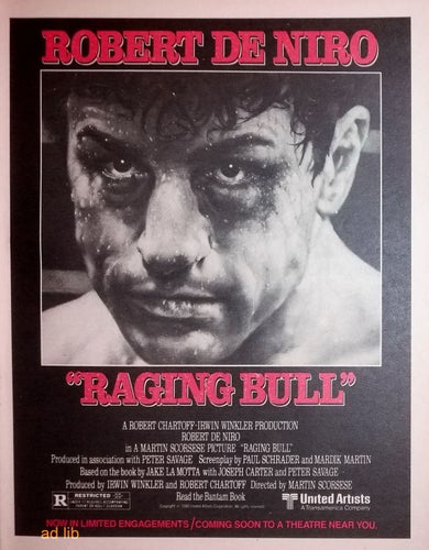 ROBERT DE NIRO - RAGING BULL FILM, STOR TIDNINGSANNONS ADVERT 1980