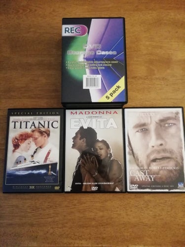 DVD-filmer: Titanic, Evita och Cast Away med DVD-förvaringsfodral-5st.nya