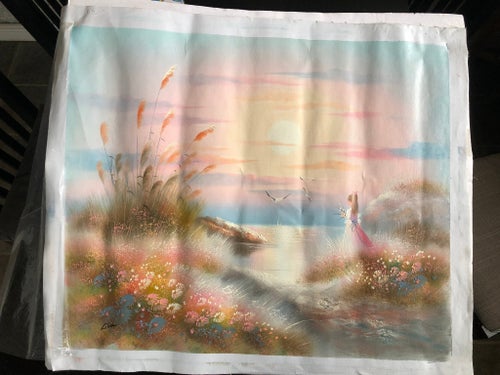 Målning på duk med solnedgångsmotiv ( Längd 69 Höjd 59 cm ) ( Ej tryck )