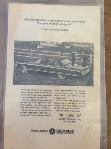 Chrysler Imperial 1967 inplastat informationsblad