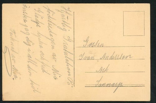 vykort, Vinterlandskap med hus och björkar, 1910-20-talet