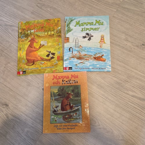 3 st Mamma Mu böcker, Mamma mu; simmar,läser,och kråkan