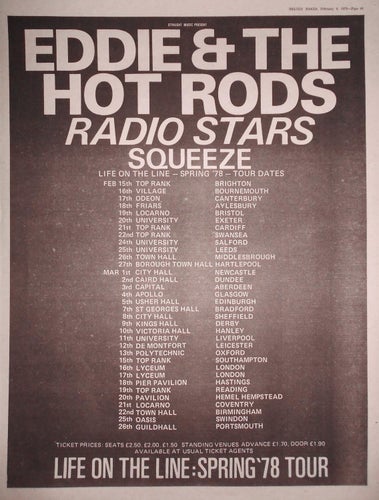 EDDIE & THE HOT RODS, RADIO STARS, SQUEEZE - TOUR '78, STOR TIDNINGSANNONS 1978