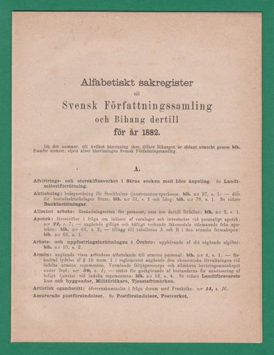 SFS 1882 Alfabetiskt sakregister