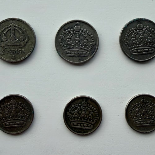 Svenska silvermynt – 6 st (25 öre 1949, 1957, 1959 samt 10 öre 1953, 1957, 1960)