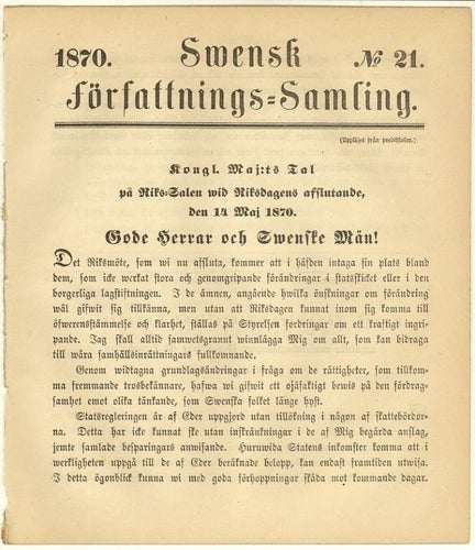SFS 1870. Nr 21. Tal wid Riksdagens afslutande m.m.