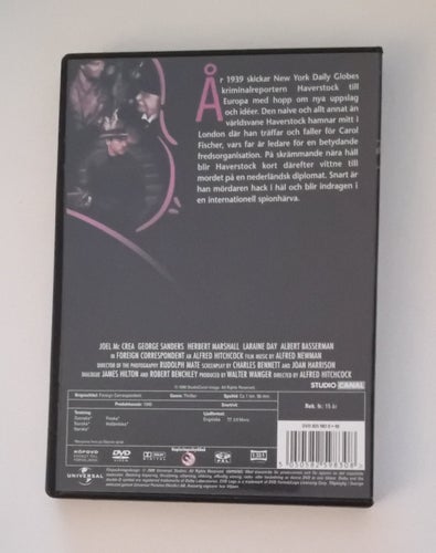 Alfred Hitchcocks Utrikeskorrespondenten / 1940 / Svensk Text / Fint Skick / DVD