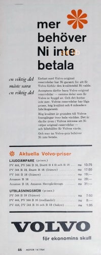 VOLVO ORIGINAL RESERVDELAR, REKLAM TIDNINGSANNONS 1964