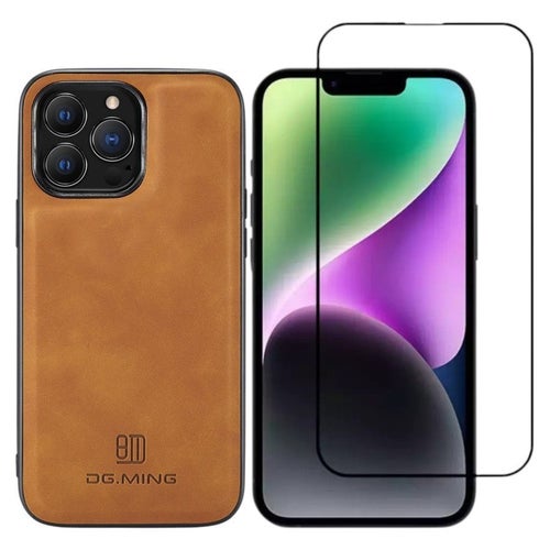 [Paket] iPhone 13 Pro Max Läder Skal, Brun + 9H Härdat Glas Skärmskydd