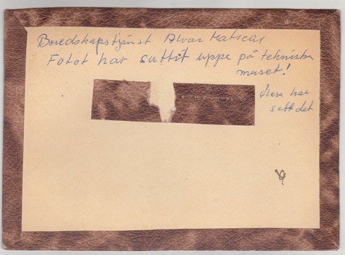 Bild Beredskapstjänst. Fotot har suttit uppe på Tekniska museet enligt notering
