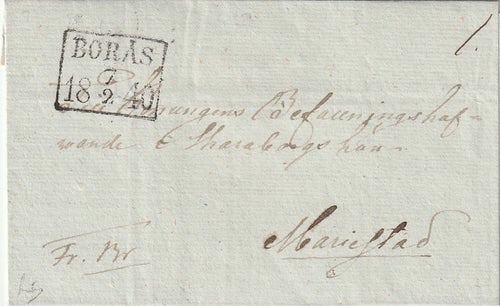 Fyrkantstämpel BORÅS 1840 typ 2 på fribrev.