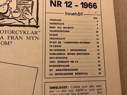 MC NYTT NR 12 1966 NOVEMBERKÅSAN,HUSQVARN,BJÖRN SPEEDWAY,ZUNDAPP KS 100,