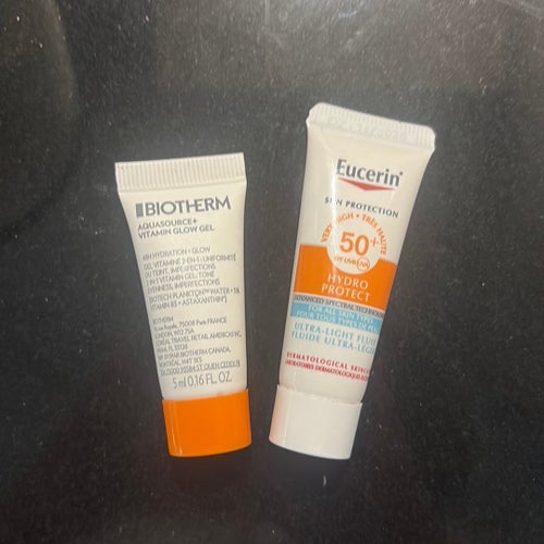 Biotherm Aquasource+ Vitamin Glow Gel och Eucerin Hydro Protect SPF 50+