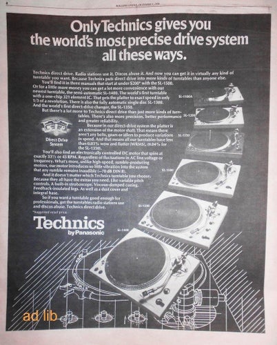 TECHINCS TURNTABLES, HI-FI TIDNINGSANNONS 1976