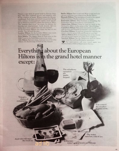 HILTON HOTELS EUROPE, REKLAM TIDNINGSANNONS 1967