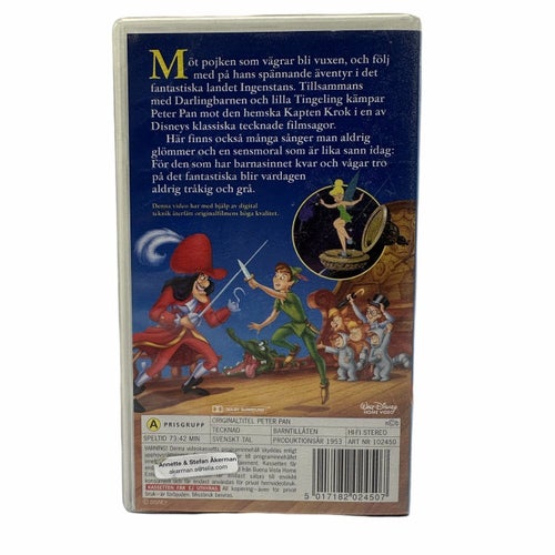 Disney Peter Pan VHS Klassiker Svenskt Tal Barnfilm Tecknad 1953 Film Retro
