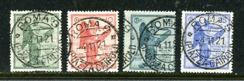 Italien 1921, Mi 144-147 Siegesgöttin mit Schild stämplat ROMA 4.11.21