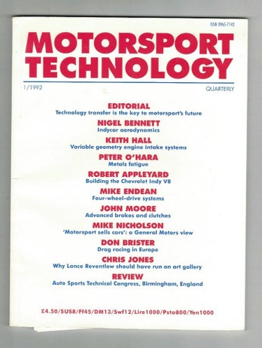 Motorsport tecnology 1/1992 om inställning och utrustning av formel 1,.Indycar