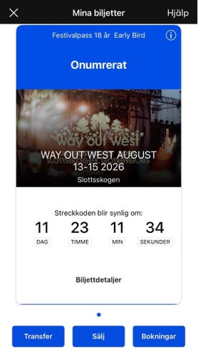 3 days Way Out West Ticket 13-15 Aug 18+ standard