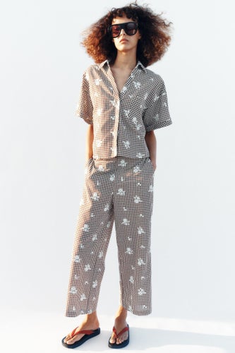 Broderade byxor zara stl m bruna blommiga rutiga