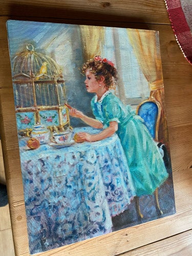 Oljemålning Il canarino - av Rodriquez Salvatore (*1957)