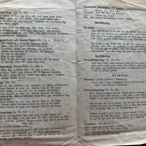 Blad om Vespergudstjänst i Tösse kyrka 1927 med Åmåls kyrkokör