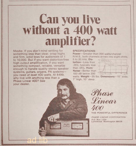 PHASE LINEAR 400 - HI-FI, TIDNINGSANNONS 1974