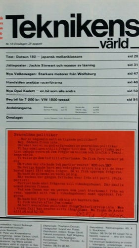 Teknikens Värld nr 18 1973: Datsun 180, Opel Kadett, beg VW 1500, Saab 99 CC