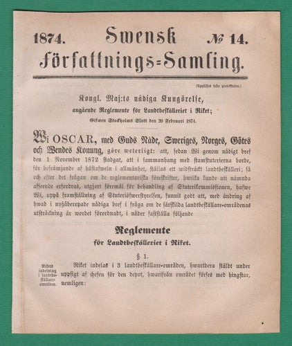 SFS 1874-14 Reglemente för Landtbeställeriet i Riket