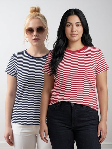NY 2 st G-Star RAW T-shirts med grafiskt randmönster, röd/vit & blå/vit, XL