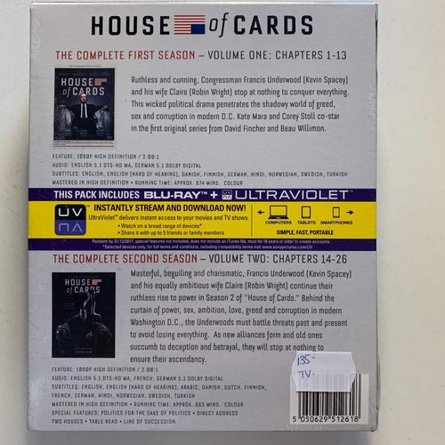 HOUSE OF CARDS, COMPLETE FIRST AND SECOND SEASONS. BLU-RAY BOX. INPLASTAD