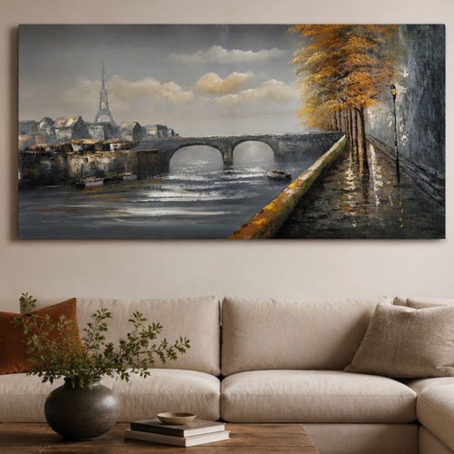 Oljemålning Paris | Storlek: 120x60 | Eiffeltornet , stad , båt , bron , unik
