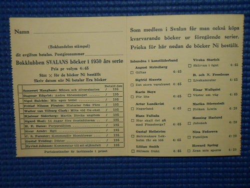 Bokklubben Svalan medlemskort 1950
