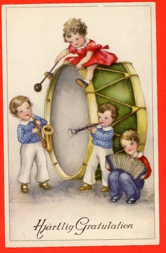 vykort, Grattiskort med barn som spelar instrument, 1920-talet
