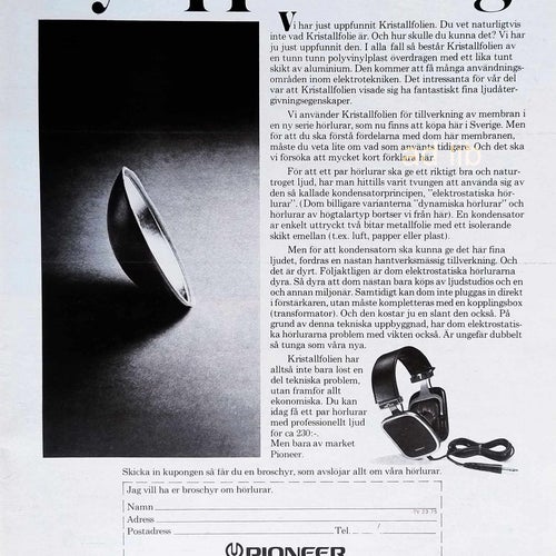 PIONEER HÖRLURAR, HI-FI TIDNINGSANNONS 1975