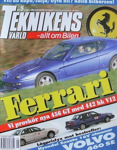 TEKNIKENS VÄRLD 1994/5.Ferrari.Volvo 460.Hyundai.VW Golf Ecomatic.Mazda 626.For