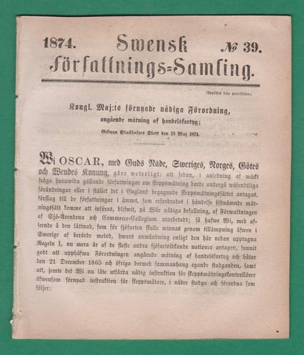 SFS 1874-39 Förordning angående mätning af handelsfartyg