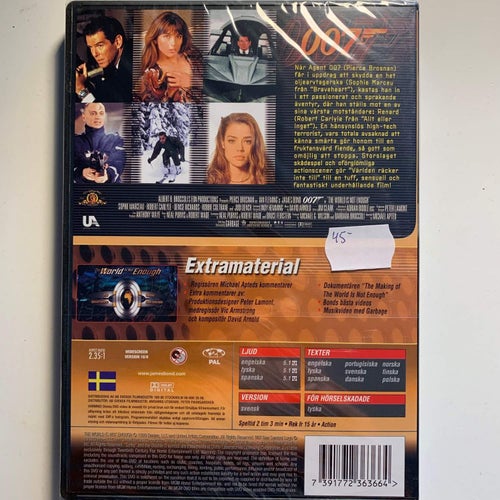 VÄRLDEN RÄCKER INTE TILL. SPECIAL 007 EDITION. JAMES BOND. DVD ACTION. INPLASTAD